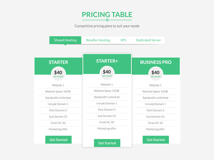 Full Featured Pricing Table For Hosting Business