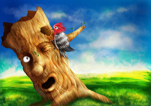 Create a Colorful Woodpecker and Tree Scenery Photoshop tutorial