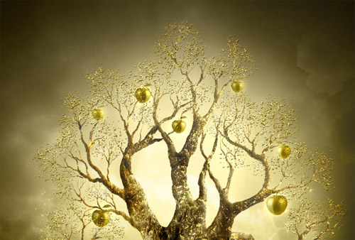 Golden Apple Tree. Magic scene photomanimpulation Photoshop tutorial