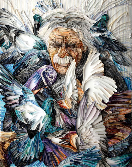 Old man and pigeons Paper Art Design