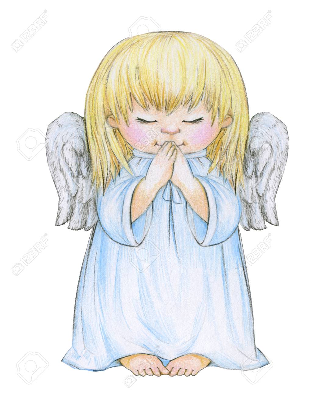 Little praying angel cartoon isolated, hand drawing. - Artly