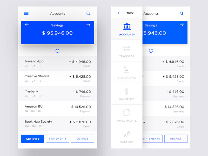 bank-account-dribbble9 Mobile Menu Design User Interface Examples (33 App Menus)