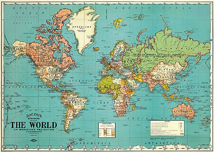 Bacons-Standard-Map-Of-The-World-700x500 World Map Poster Examples For Passionate Travelers