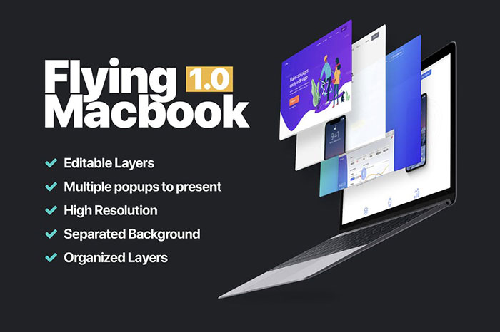 Flying-MacBook-Editable-Mockup Free Macbook mockup examples to download now