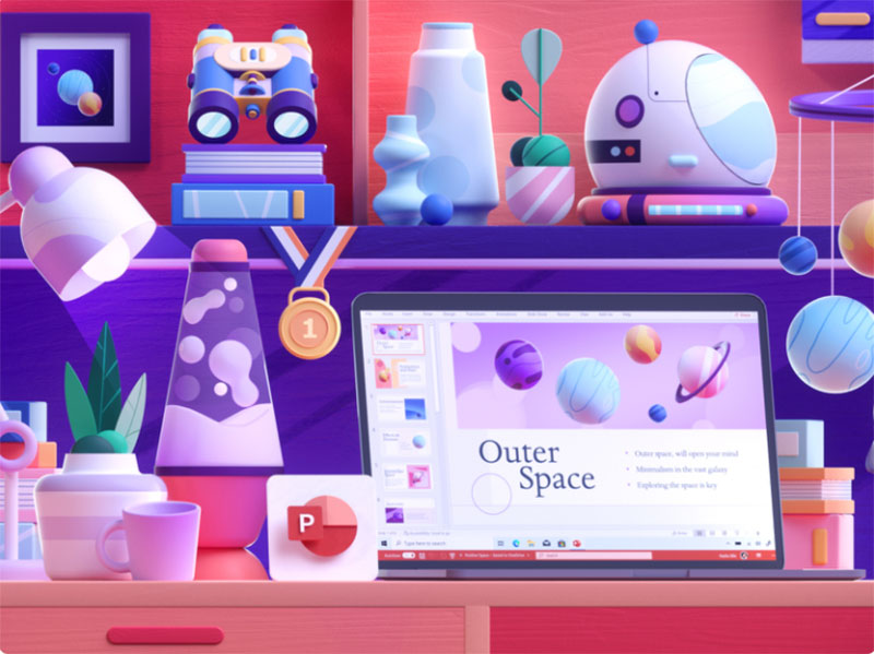 Microsoft-365-3D-Space-Desk Amazing 3D illustrations that are awe-inspiring