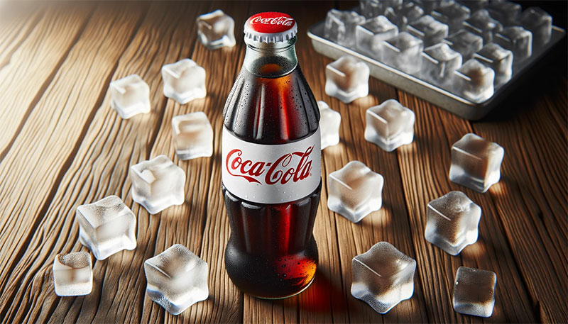 hoto of a chilled Coca-Cola bottle on a wooden table with a blank label, surrounded by ice cubes