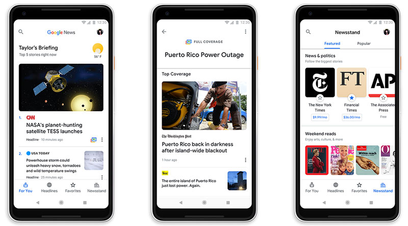 Google News app showing the Full Coverage panel with multiple outlets on one story