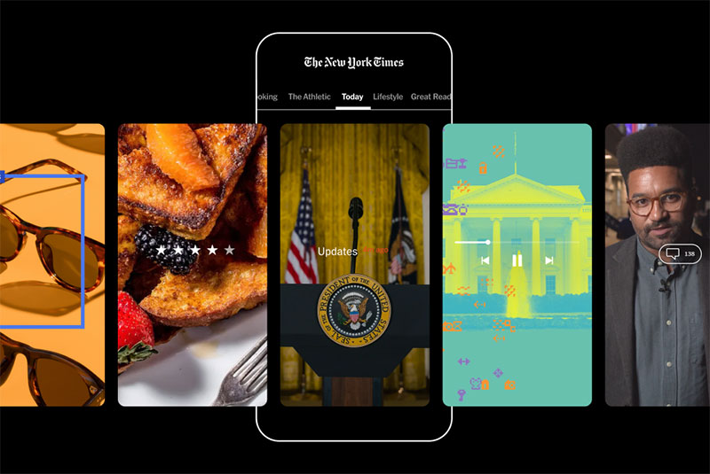 The New York Times app home screen bundling news, Games, and Cooking sections