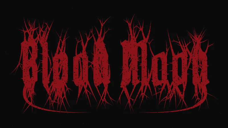 Dried blood style: BLOOD MOON in dark red spiky lettering on black
