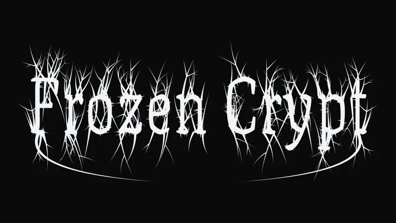 Frostbitten style: FROZEN CRYPT in thin white strokes with icy spikes on black