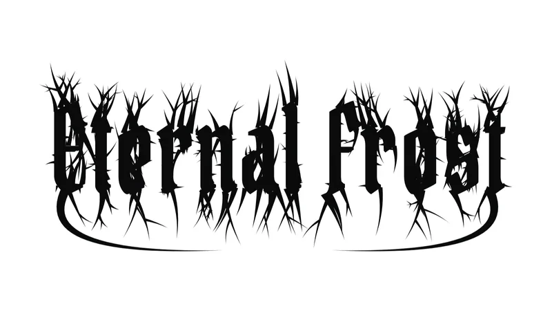 Grim classic style: ETERNAL FROST in black blackletter with thorns, roots and mirrored wings