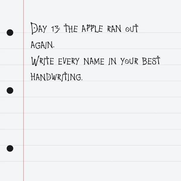 Lined page scene: two journal lines in black handwriting on ruled paper with a red margin and binder holes