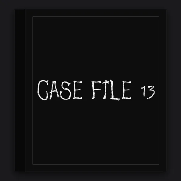 Notebook cover scene: CASE FILE 13 in chalky white on a black notebook cover