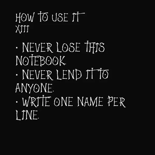 Rules page scene: HOW TO USE IT and rule XIII with three bulleted rules in white handwriting on black