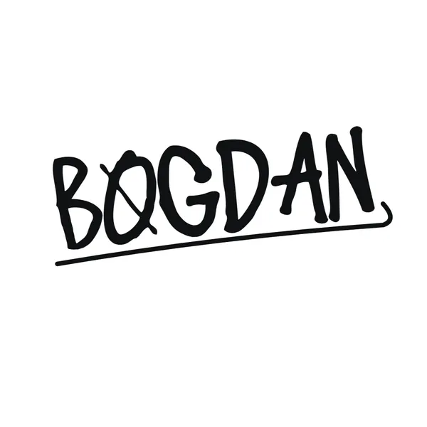 Signature style: BOGDAN in black Stussy-style marker script with a swooping underline