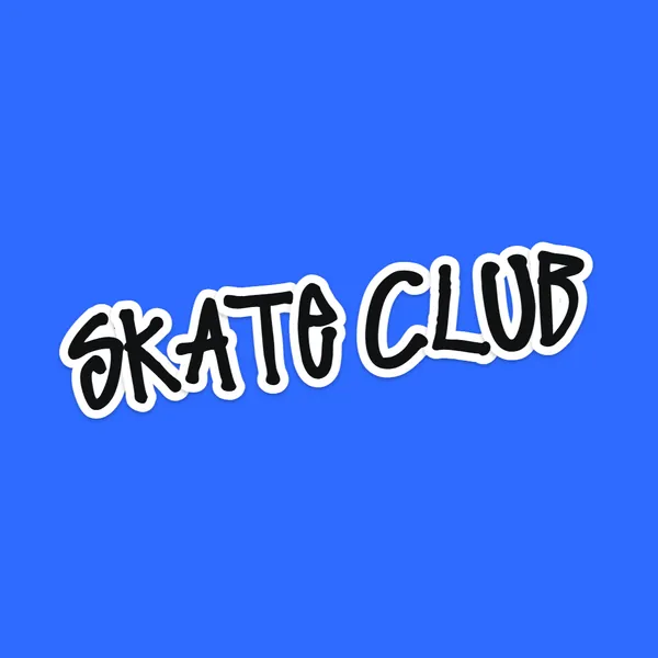 Sticker style: SKATE CLUB in black script with a white die-cut border on blue